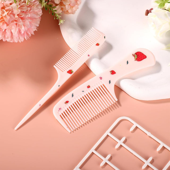 2Pcs Cute Hair Comb Set, Pink Strawberry Baby Comb Fine Tooth Comb & Rat Tail Comb Toddler Tiny Hair Brush Small Girls Comb Plastic Mini Comb Hair Parting Comb for Women Girls Kids All Hair Types