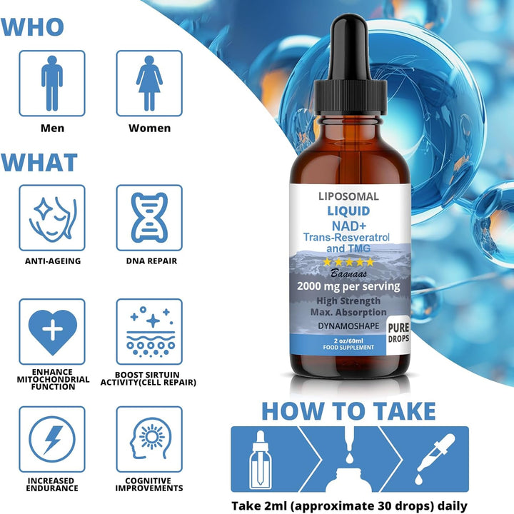 LIPOSOMAL Liquid NAD+ Trans-Resveratrol and TMG Supplement for Cellular Repair & Energy Metabolism, 2000 Mg, 60 Ml