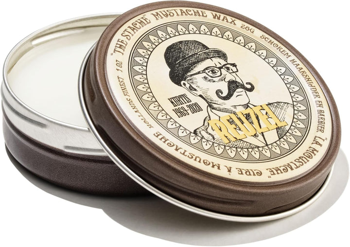 the Stache Mustache Wax - Strong Hold, Low Shine Beeswax - Tame and Train Unruly, Coarse Hair - Perfect for Creating Your Signature Style - Light Orange and Mint Scent - 1 Oz