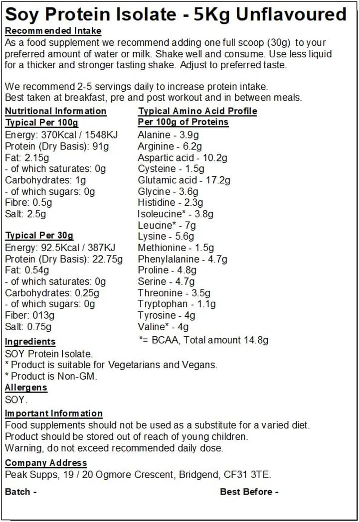 Soy Protein Isolate 5Kg (Unflavoured) - 90% Protein | Vegan | Dairy Free | Plant Based