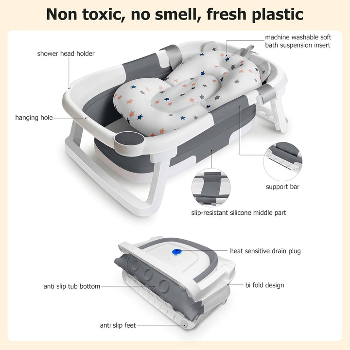 Baby Bath Foldable Tub Collapsible Bathtub Baby Bath Essentials for Newborn with Seat Support Cushion Stand Folding Baths for Toddler 0-12 Months Travel Portable Infant Tubs Soft Bathing Kids Grey