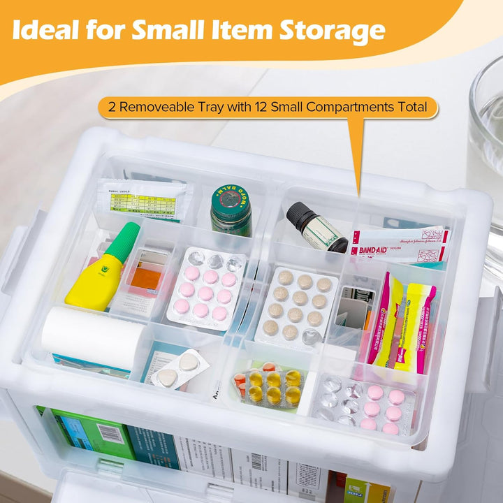 Extra Large Medicine Storage Box with Handles and Wheels, First Aid Box Clear Medicine Organiser with Removable Tray, Multipurpose Plastic Medication Storage Boxes