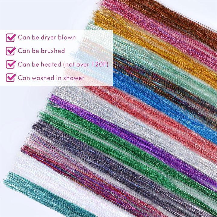 14 Colors 4200 Strands Hair Tinsel, 35.5 Inches Hair Glitter Strands Shiny Colorful Straight Hair Extensions for Women Girls Party Cosplay Rainbow, Hair Tinsel Kit (No Tools)