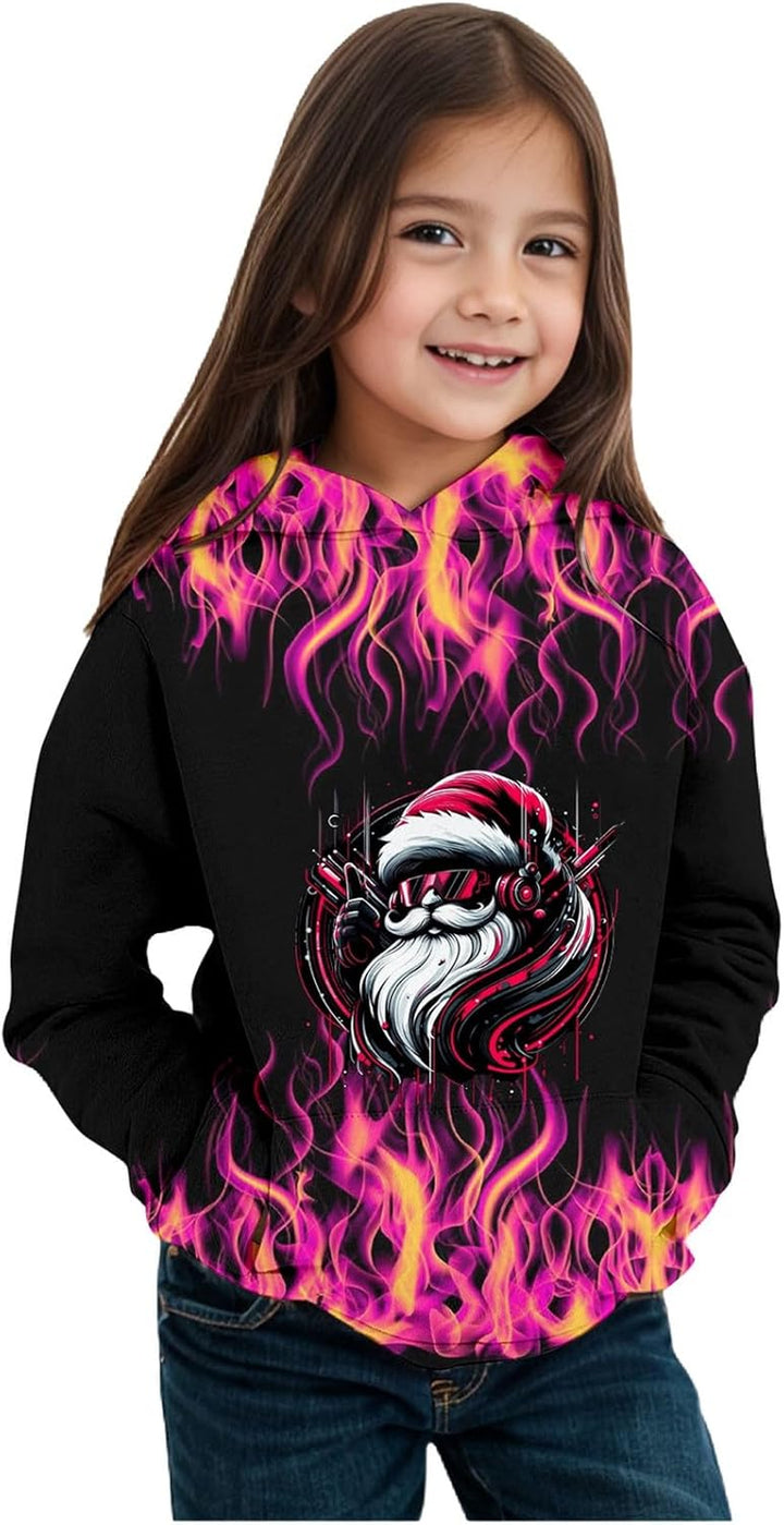 2025 Christmas Print Girls Hooded Sweatshirt Long Sleeve Pullover Top for Winter Holiday Festive Outfit Cozy Fleece Lined Soft Casual Wear