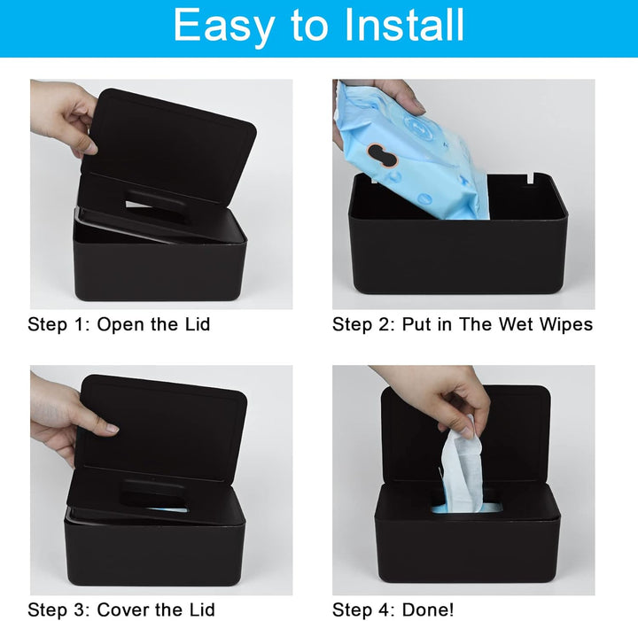 2 Pcs Wet Wipes Dispenser Box, Wet Wipes Storage Box with Lid Tissue Box Holder Rectangular, Baby Nappy Wipes Case for Toilet, Bathroom - Black