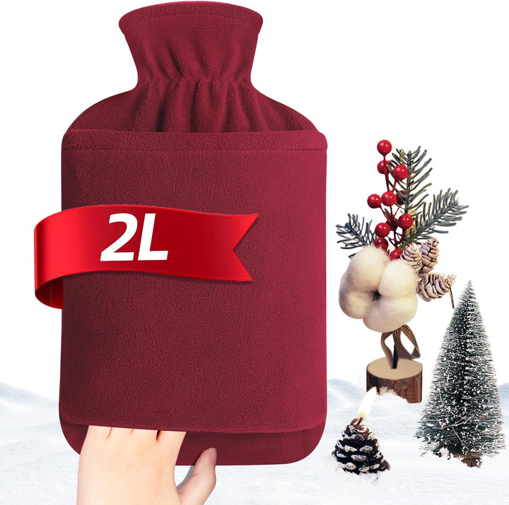 Hot Water Bottle with Fleece Cover - 2L Large Leakproof Hot Water Bag - Soft Hot Water Bottle with Hand Pocket and Natural Rubber -For Hands, Feet, Shoulders, Neck, Abdomen, Legs (Red)