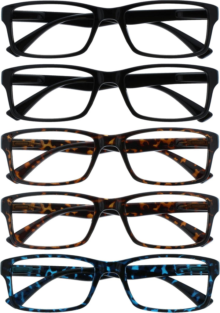 PEP Reading Glasses for Women Men, Large Rectangular Designer Frame with Spring Hinges, Scratch Resistant, Black +2 (Pack of 5)