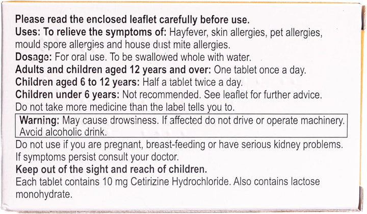 Hayfever Allergy Relief Cetirizine 10Mg 30 Tablets