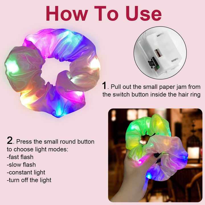 LED Light up Elastic Hair Bands, 6Pcs Luminous Hair Ties, 3 Colors Light Modes LED Scrunchies, Light up Hair Scrunchies for Halloween Rave Glow Party