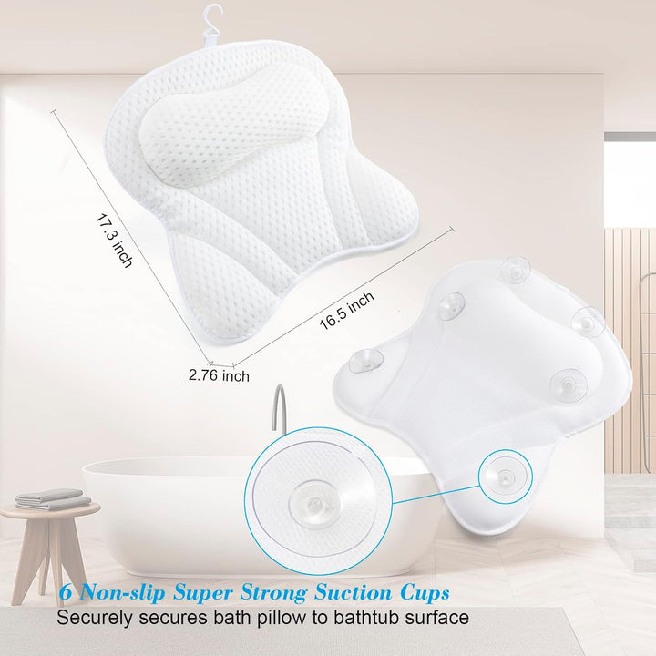 Bath Pillow 4D Ergonomic Bath Pillow Neck and Back Support Bath Cushion Air Mesh Technology Bath Headrest Pillow Bath Pillows with Strong Suction Cups Fits All Bathtub, Hot Tub and Home Spa (White)