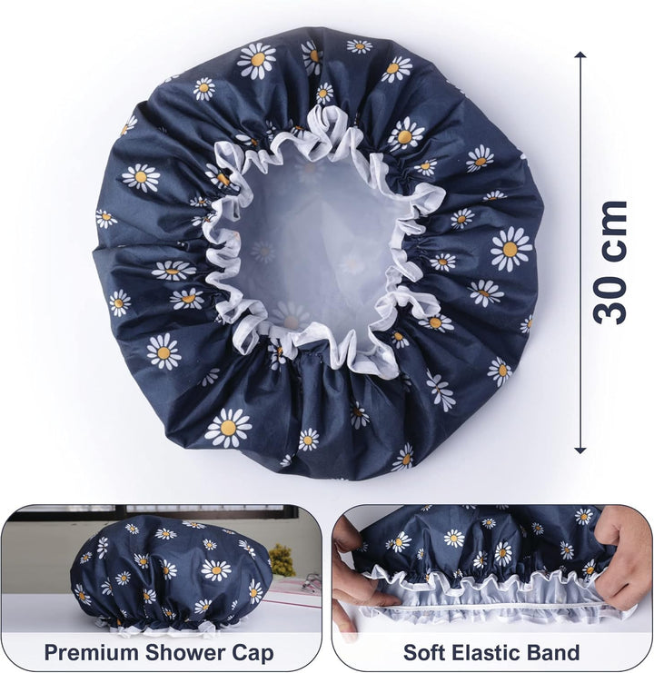 Premium Double Layer Shower Cap for Women with Unique Flower Design- Reusable Shower Cap for Hair - Waterproof Plastic Cap - Shower Caps for Long, Short and Curly Hairs