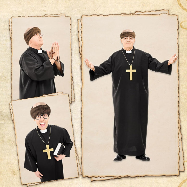 Brown Monk Wig Short Straight Hair, Monk Fancy Dress Bowl Cut Funny Costume Wig Bald Head Cap with Brown Friar Hair Cut, Men'S Party Halloween Old Man Cosplay