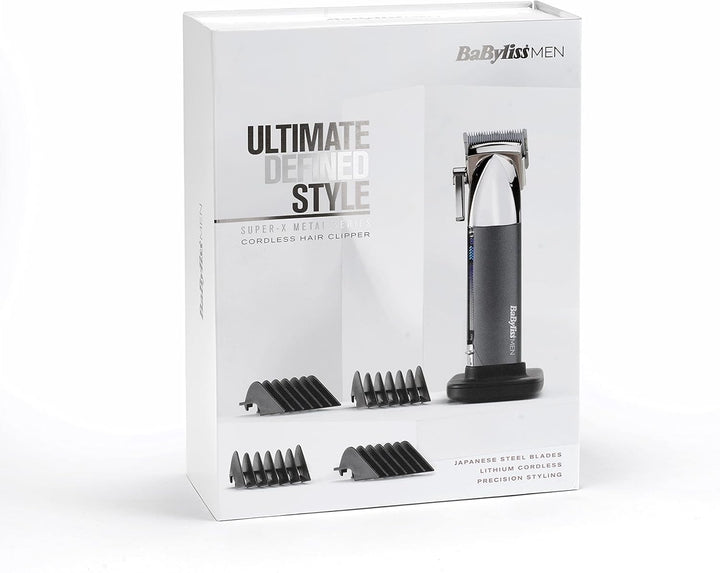 Super-X Metal Series, Cordless Hair Clipper - Japanese Steel Blades, 10 Comb Attachments, 2 Tapered Guides, Lithium Battery, Digital Display, Metal Body, Black, 7700U