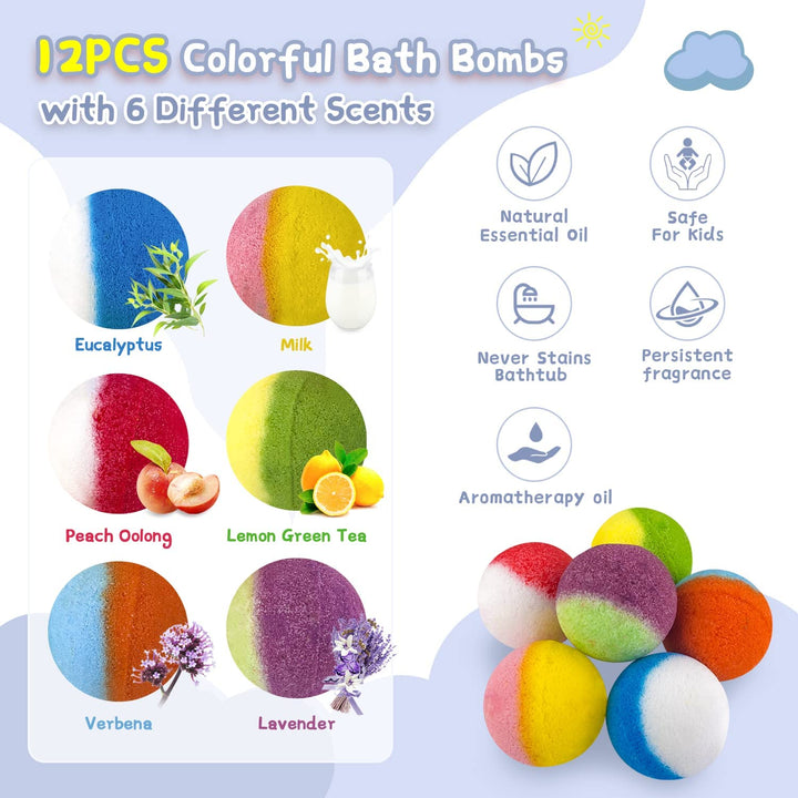 Bath Bombs for Kids, 12Pcs Bath Bombs with Surprise Crystal Toys Inside, Handmade Natural and Organic Bubble Bath, Birthday Christmas Easter Gift for Girls and Boys