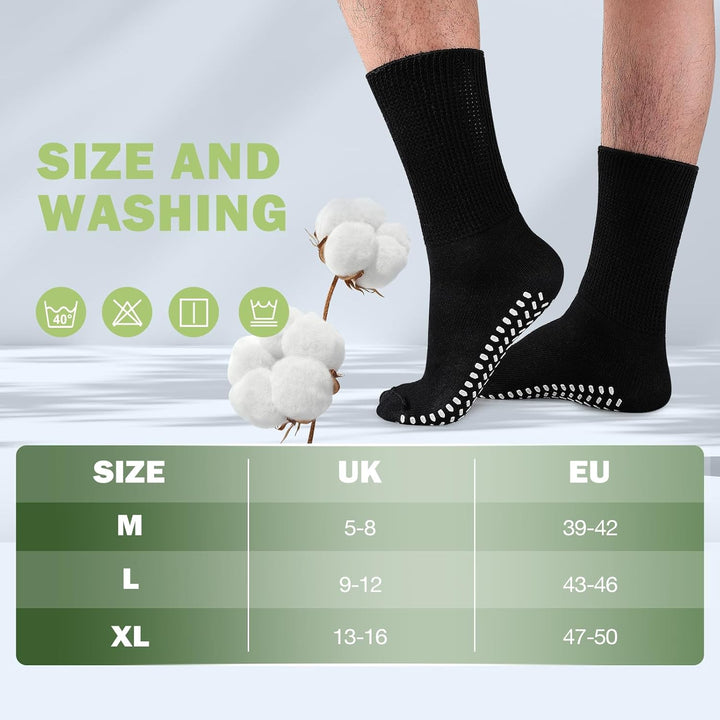 Diabetic Girp Socks for Men Women, 3 Pairs Non Slip Soft Extra Wide Top Sock for Swollen Feet Ankle Leg, 90% Cotton Hospital Breathable Slipper Socks