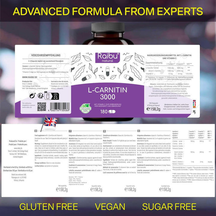 L-Carnitine 3000-180 High-Strength Capsules - L-Carnitine Tartrate 3000Mg per Daily Dose - Energy & Metabolism Support - Vegan, Natural & Laboratory Tested -