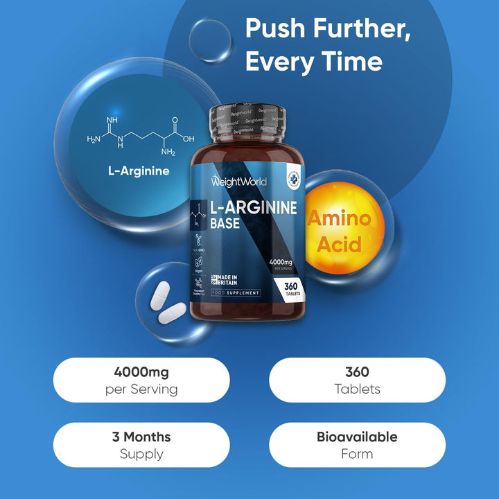 L Arginine Supplement 4000Mg - 360 Tablets - 3 Months Supply - "Easy to Split" Tablets - Vegan-Friendly, Non-Gmo, Gluten-Free - L-Arginine Nutritional Supplements - Made in the UK