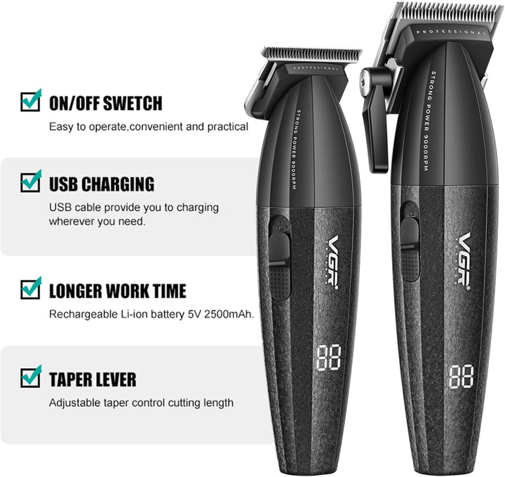 640 Professional Hair Clippers for Men, Cordless Barber Clippers and Trimmers Set, Zero Gap T-Blade Hair Cutting Kit, DLC Coated Ceramic Blade Premium Gift Barber Kit with LED Display(Black)
