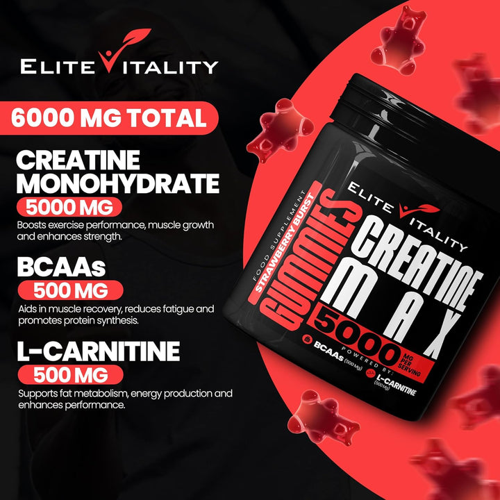 Creatine Monohydrate Gummies 5000Mg + Bcaas & L-Carnitine – Vegan, Sugar-Free, Pre Workout Muscle Recovery Supplement for Men & Women – 90 Gummies – Strawberry Burst – Gym & Fitness Support