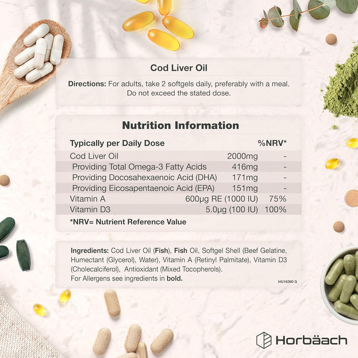 Cod Liver Oil Capsules High Strength | 2000Mg | 360 Count | with Omega 3, Vitamin D and a | with 171Mg of DHA and 151Mg of EPA | Rich in Omega 3 Fatty Acids | by