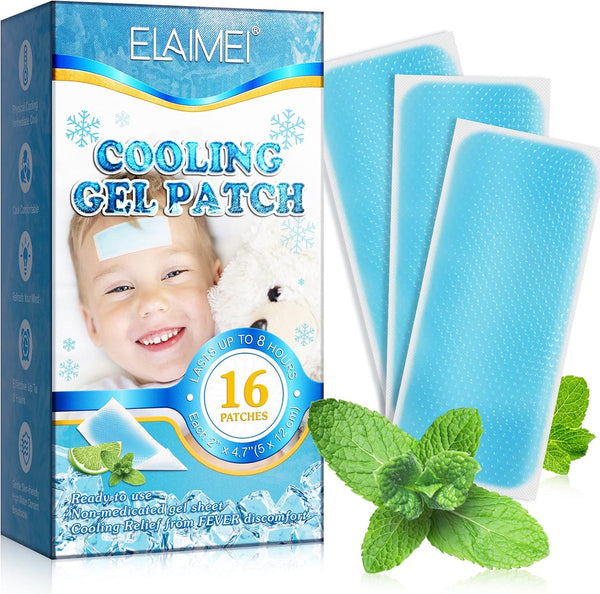 16 Sheets Cooling Fever Patch for Kids,Cooling Forehead Strips Cooling Gel Pads for Baby Children Adult, Forehead Fever Cool Pads