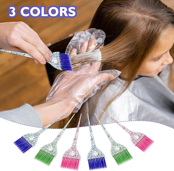 6-Piece Hair Dye Brush Set - Soft Bristle Tint Brushes with Glitter Handle for DIY Salon Hair Dyeing, 3 Colors