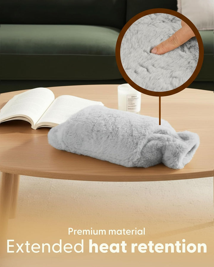 Hot Water Bottle 2L with Soft Faux Fur Cover, Leakproof Natural Rubber, Long Lasting Warmth for Neck, Back & Hands, Fluffy Cosy Design for Men & Women, Winter Comfort - Grey
