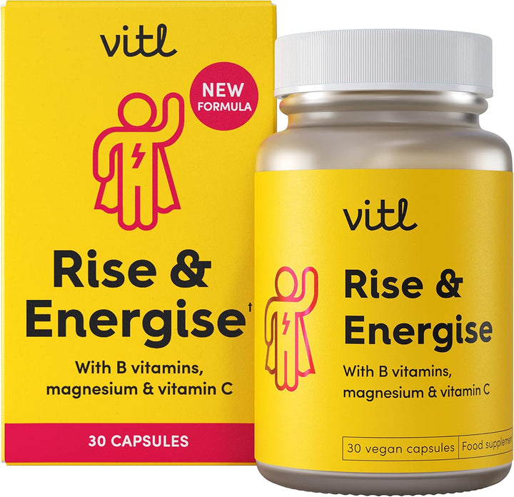 Rise & Energise Energy Boosting Supplement - 30 Vegan Capsules - with B Vitamins, Vitamin C & Korean Ginseng - Tiredness & Fatigue Fighting Minerals to Normalise Energy Metabolism