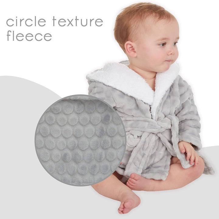 Baby Girls Boys Grey Circle Textured Fleece Robe Hooded Dressing Gown with Sherpa Fleece Size 0-12 Months