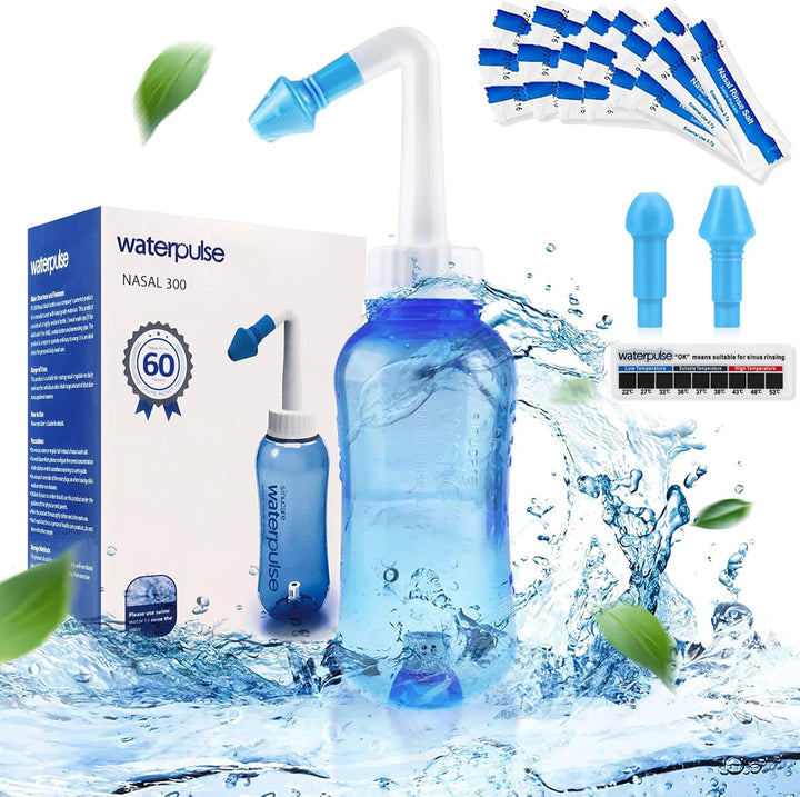 Neti Pot, Sinus Rinse Bottle 300Ml, Nose Cleaner, Nasal Irrigation System with 30 Nasal Wash Salt Packets and Sticker Thermometer for Adult & Kid BPA Free(300Ml,Blue)