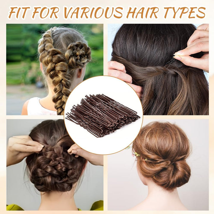 300 Pcs Bobby Pins Kit, Hair Pins for Women, Hair Grips, 100 Brown Waved Hair Pins (50Pcs L+50Pcs S), 100 Brown U Shaped H-Air P-Ins, 100 White Elastic Bands, with Storage Box