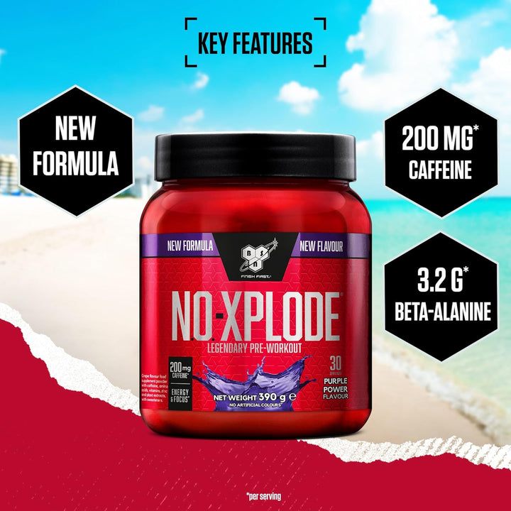 Nutrition N.O.-Xplode Pre Workout Powder Food Supplement, Energy and Focus Support with Caffeine, Amino Acids, Vitamin C and Zinc, Purple Power Flavour, 30 Servings, 390G (Packing May Vary)