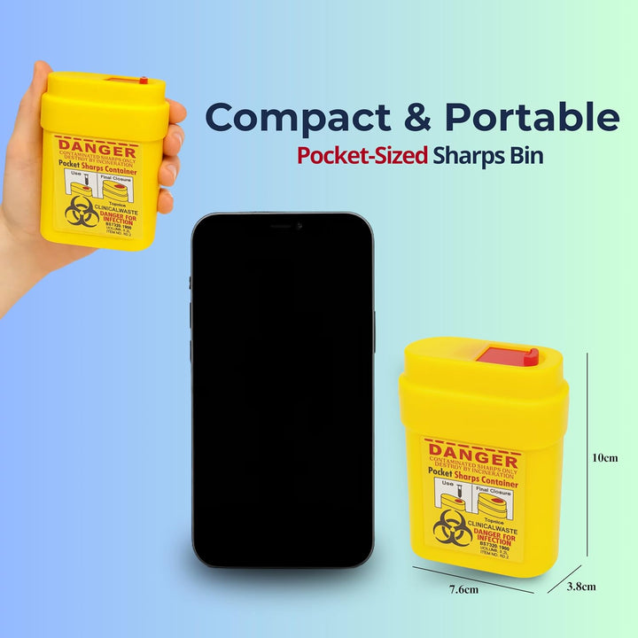 Travel Sharps Bin Mini 4 Container Pack - Small Sharps Box for Needles, Lancets, Razor Blades - Portable Clinical Waste Bin Ideal for Travel, Work, Home - 4 Yellow Needle Disposal Box Size 0.2L Each
