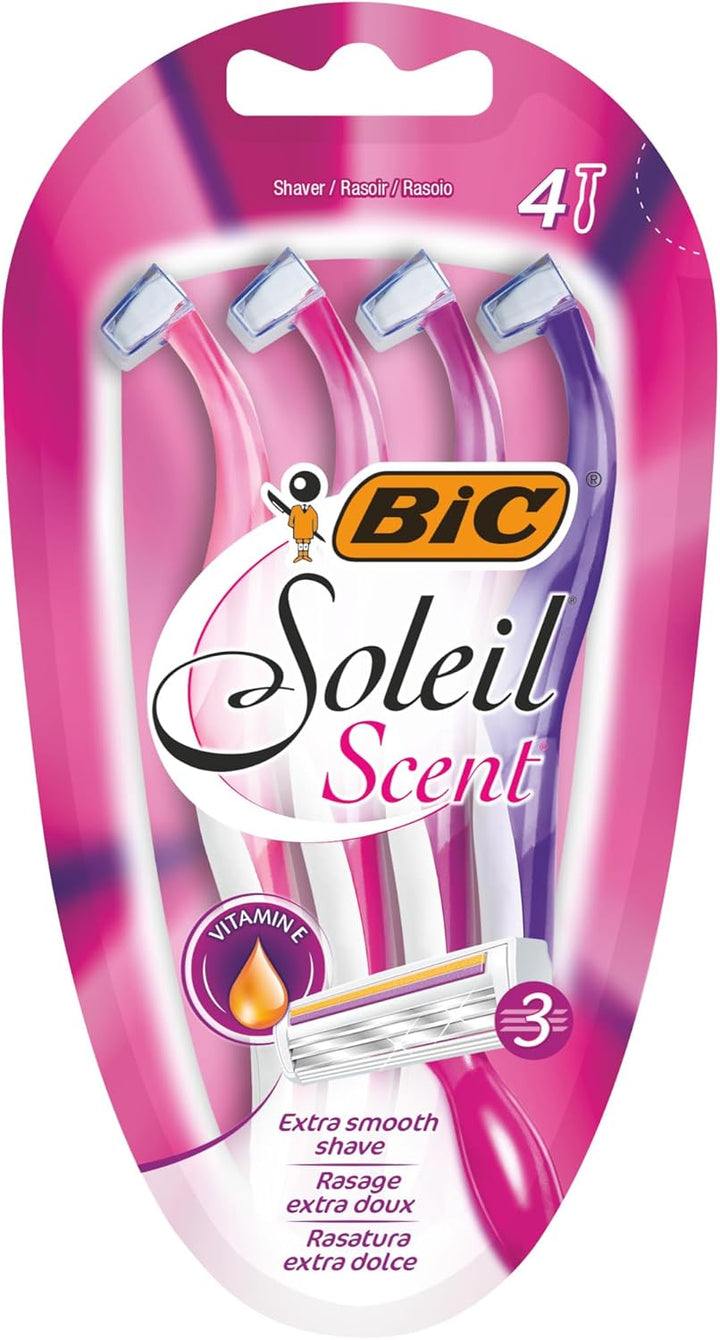 Soleil Scent 3-Blade Lady Razor with Lubricating Strip for a Smooth Shave and Easy Grip Handle, Pack of 4