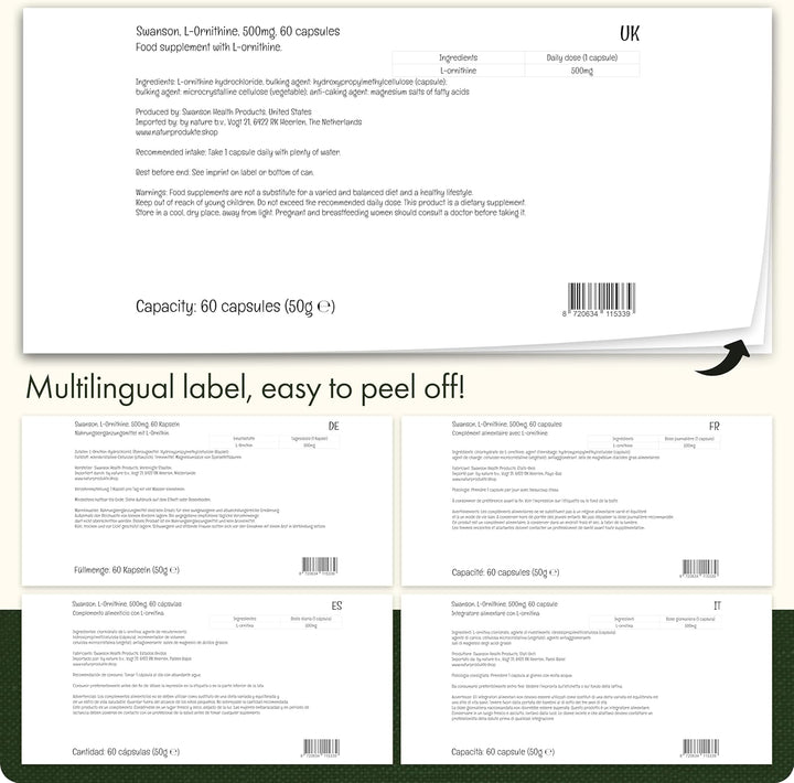 , L-Ornithine (L-Ornithine Hydrochloride), 500Mg, 60 Vegan Capsules, High-Strength, Vegetarian, Soy-Free, Gluten-Free, Gmo-Free