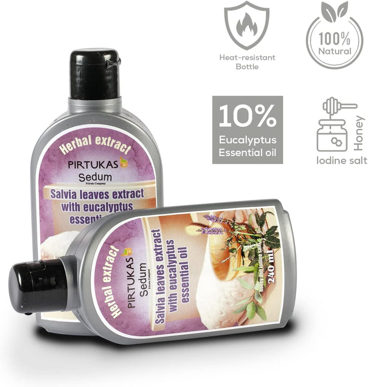 Natural Herbal Extract for Sauna, Massage, Broom Soaking - Sauna Infusion with Salvia Leaves Extract with Eucalyptus Essential Oil, Honey and Iodine Salt - 240Ml