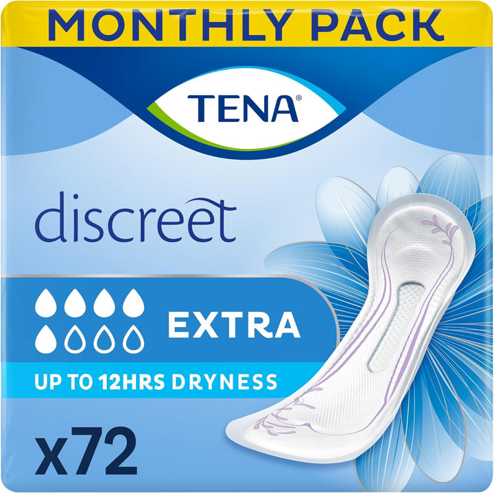 Discreet Extra, 72 Incontinence Pads (12 X 6 Packs) Individually Wrapped, for Women with Medium Bladder Weakness, Incontinence and Unpredictable Leaks