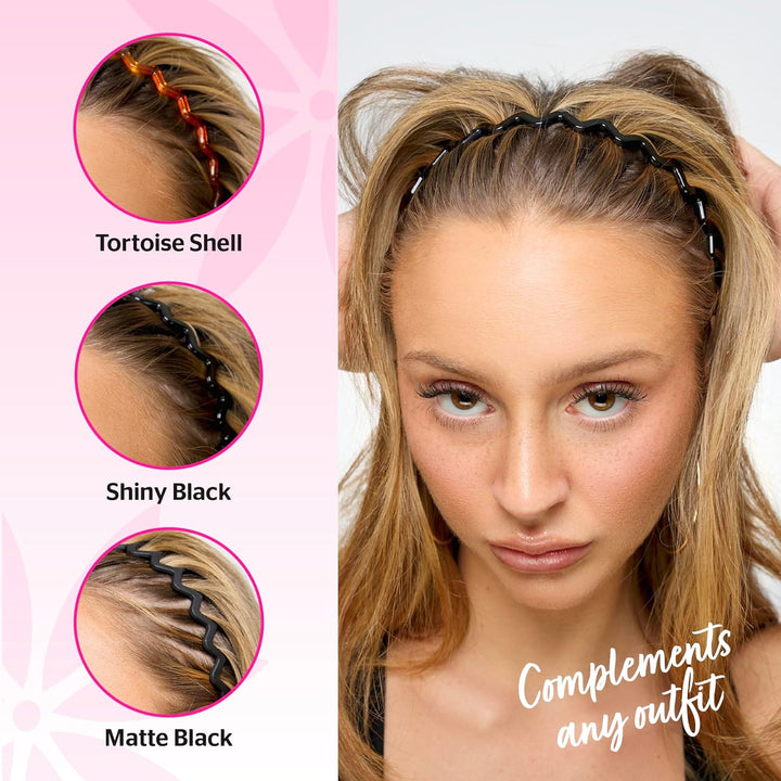 Zig-Zag Headband 3-Pack – Retro-Modern Hair Accessory (Shiny Black, Matte Black, Tortoise) – Durable, Comfortable Grip