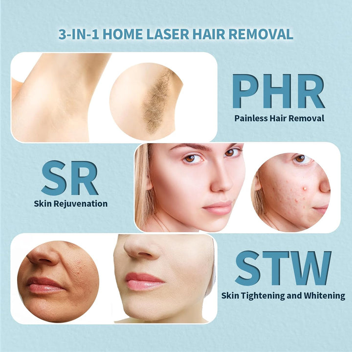 Laser Hair Removal Device, 3 in 1 Beauty Salon Grade Home Hair Remover Device with Cooling System, IPL Body Painless Laser Hair Removal for Face Armpits Arms Legs Bikini Line