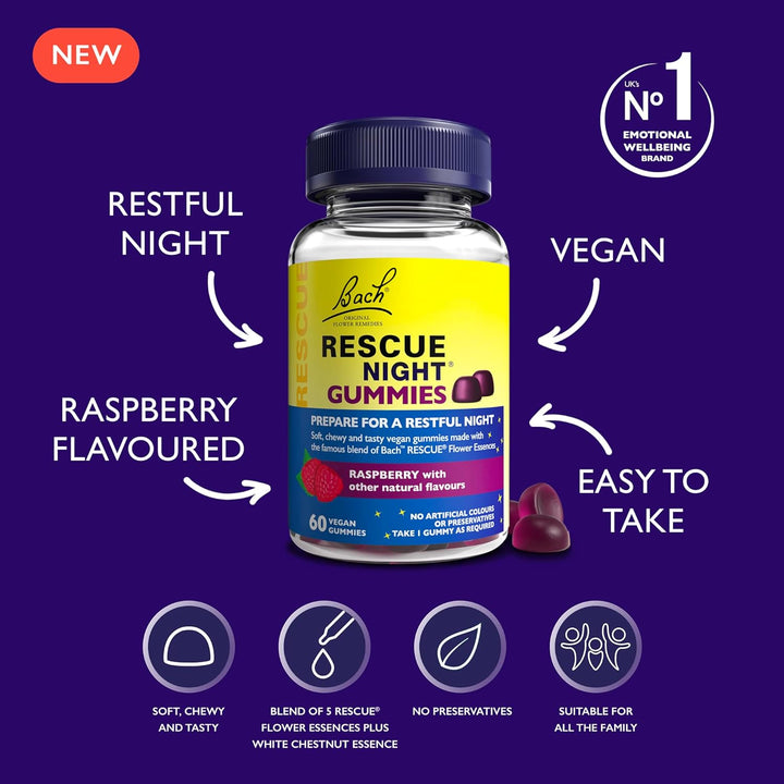 Night Gummies | Natural Bedtime Support | Bach Original Flower Essences | 60 Vegan Raspberry Flavoured Gummies | Help Prepare for Restful Sleep