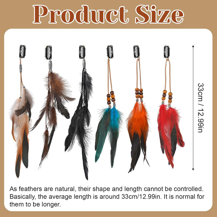 6Pcs Feather Hair Clip, Hair Feathers Extensions, Boho Hippie Festival Accessories, Handmade Hairpin Headdress for Women Girls Halloween Cosplay Costume
