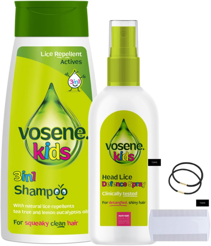 Vosene Kids Head Lice Repellent Treatment Bundle - Vosene Shampoo 3 in 1 250Ml & Conditioner Defence Spray 150Ml + 1 Nit Comb & 1 Hair Tie for Head Lice Treatment.