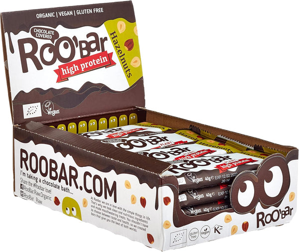 Chocolate Covered High Protein Hazelnut Bar – 100% Organic Vegan Bar for Optimum Nutrition. Dairy & Gluten Free, No Added Refined Sugar, 16 X 40G Bars