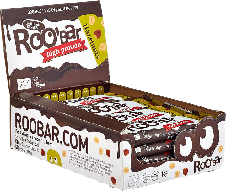 Chocolate Covered High Protein Hazelnut Bar – 100% Organic Vegan Bar for Optimum Nutrition. Dairy & Gluten Free, No Added Refined Sugar, 16 X 40G Bars