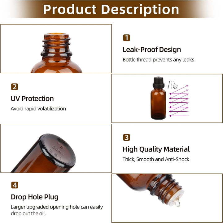 6Pcs 30Ml Amber Glass Essential Oil Bottle with Screw Caps,Empty Refillable Travel Liquid Sample Vial for Perfumes Aromatherapy with Funnel,3Ml Plastic Dropper and 6 Label