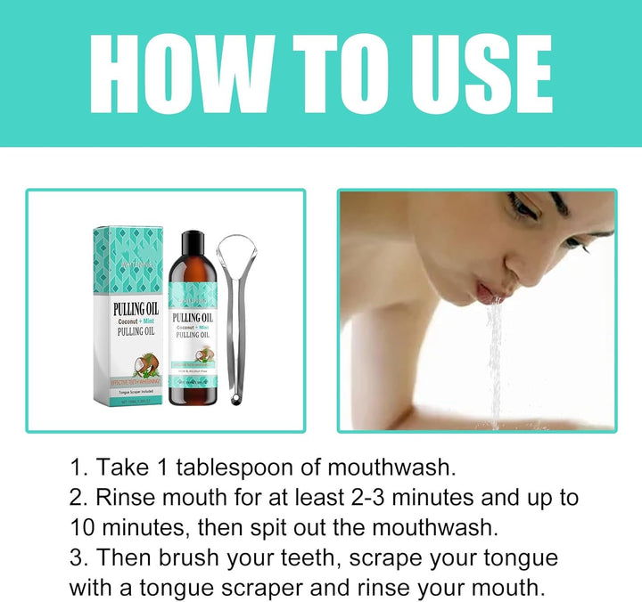 Coconut Mint Mouthwash - Whitens Teeth, Reduces Plaque and Bad Breath | Alcohol-Free, Includes Tongue Scraper | 100Ml Ayurvedic Oral Care Set