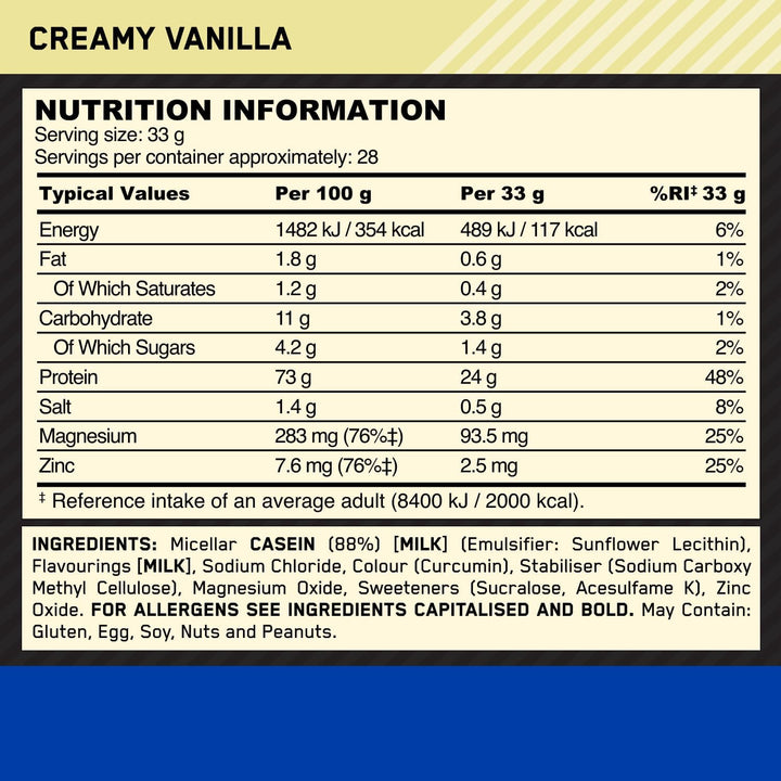 Gold Standard 100% Casein Slow Digesting Protein Powder with Zinc, Magnesium and Amino Acids, Support Muscle Growth & Repair Overnight, Creamy Vanilla Flavour, 28 Servings, 924 G