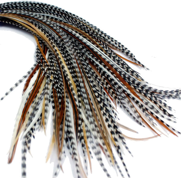 20 Real Feather Hair Extensions: Short Skinny 7-9 Inch (18-23Cm) + Rings/Loop (Mixed Naturals)