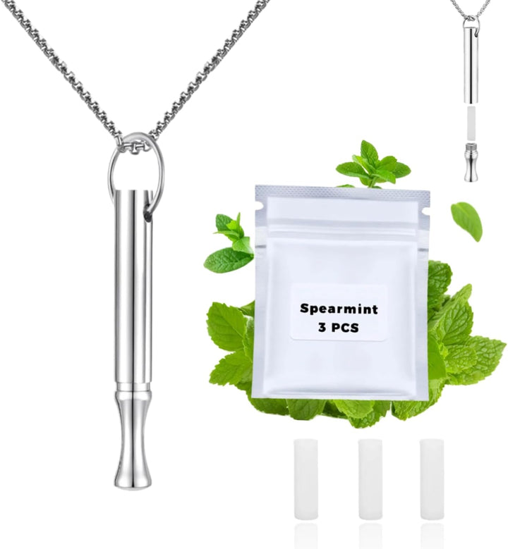 Breathing Necklace to Quit Smoking and Vaping with Refillable Mint Pods Stop Smoking Aids Fidget Necklace for Anxiety Relief Smokeless Inhaler for Adults (Silver)