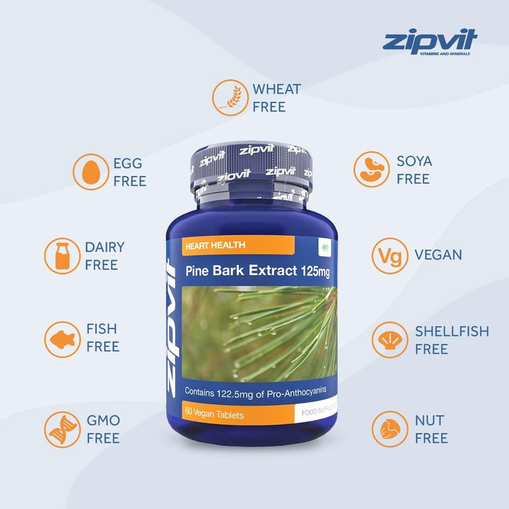 Pine Bark Extract 125Mg, High Strength Supplement, 95% Proanthocyanides, 60 Vegan Tablets, 2 Months Supply